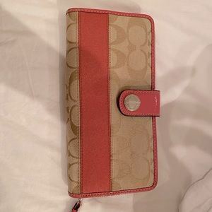 Coach tan and dark coral leather wallet